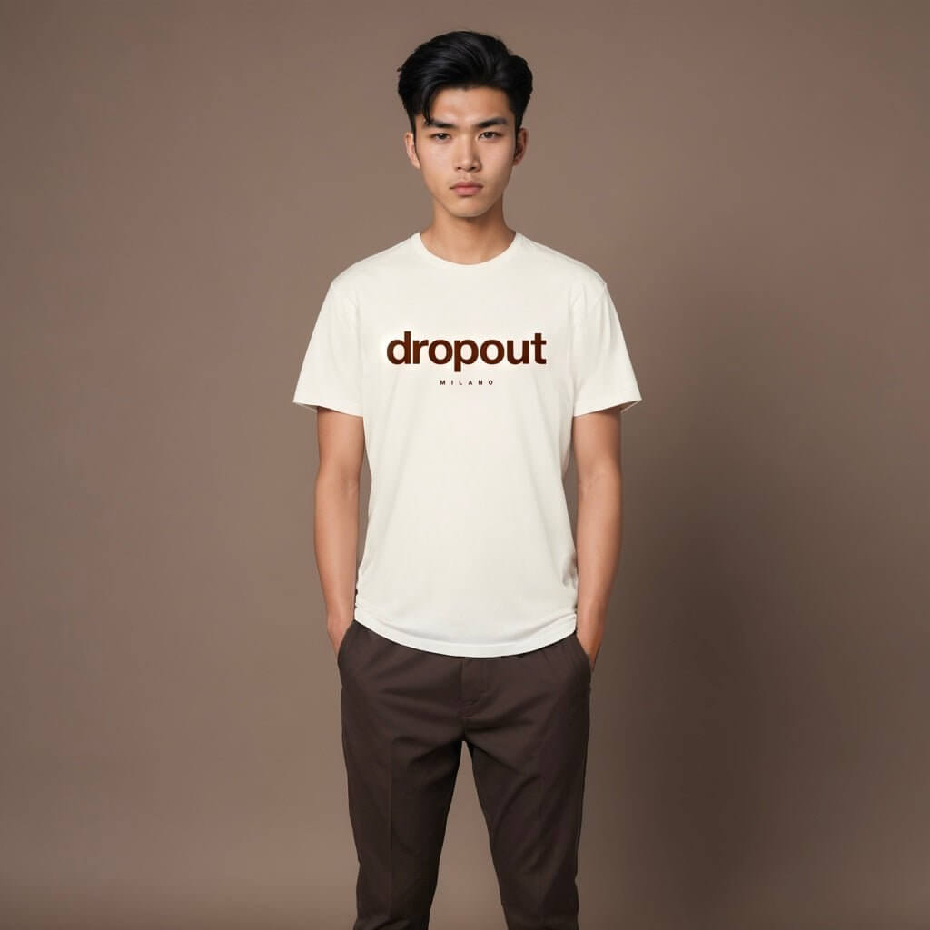 Young man wearing a relaxed fit white t-shirt with 'dropout' graphic, paired with casual brown trousers.