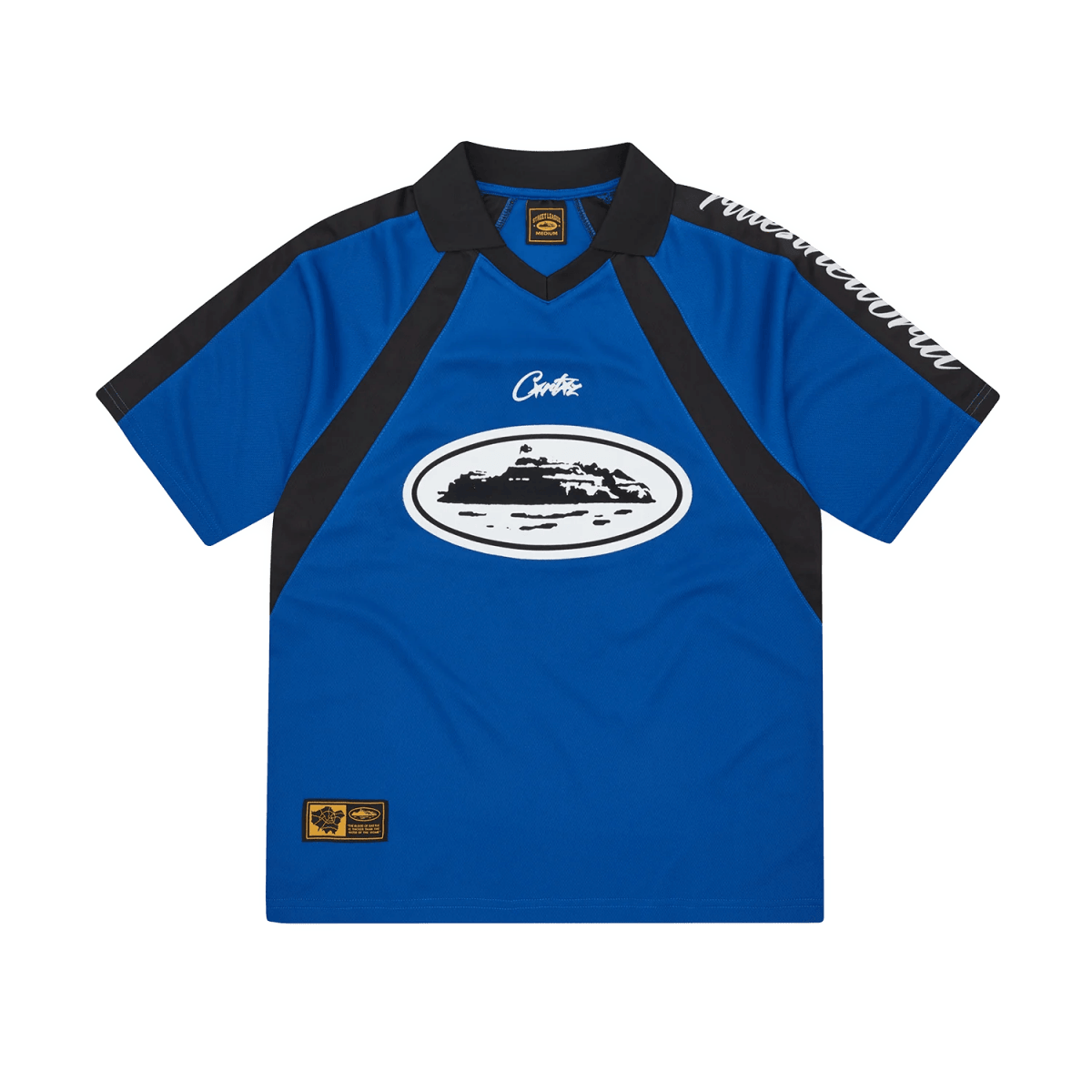 Corteiz Alcatraz Football Jersey in navy color, designed for a true-to-size fit, featuring unique logo and stylish details.