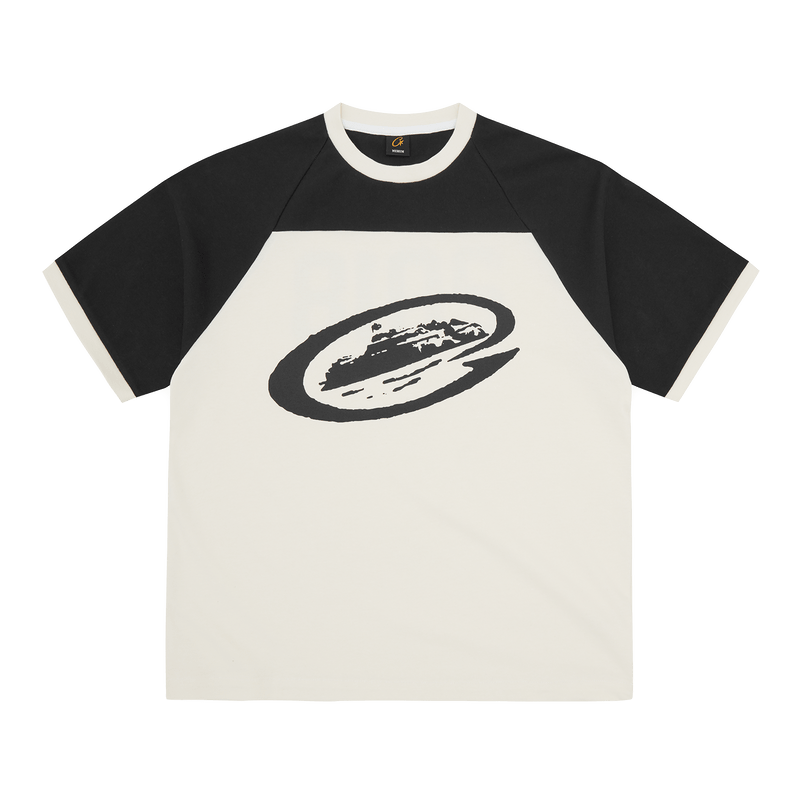 Corteiz Alcatraz Wrap Around Raglan Tee in Off White and Black with graphic design and short sleeves.