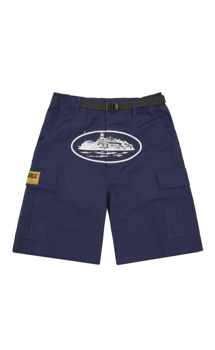 Corteiz Alcatraz Cargo Shorts in Navy featuring multiple pockets and logo design, perfect for casual summer wear.
