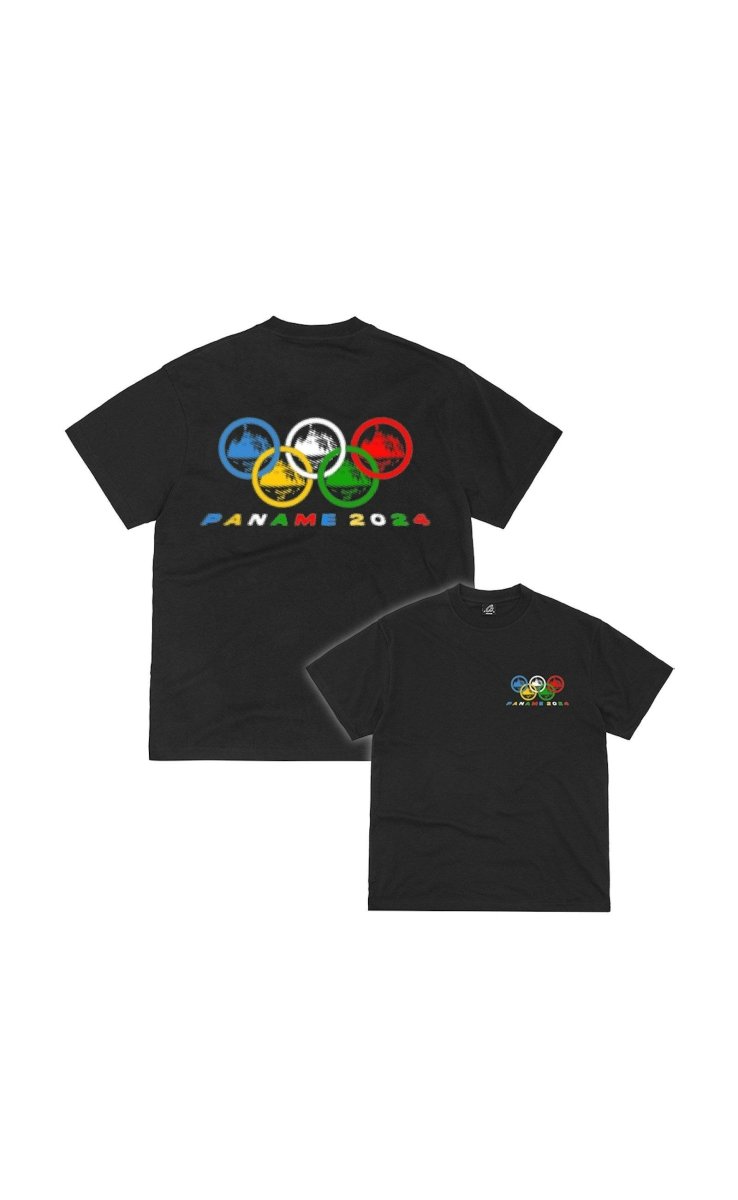 Corteiz Paname 2024 Tee in black featuring colorful Olympic rings and Paname 2024 text on the back.