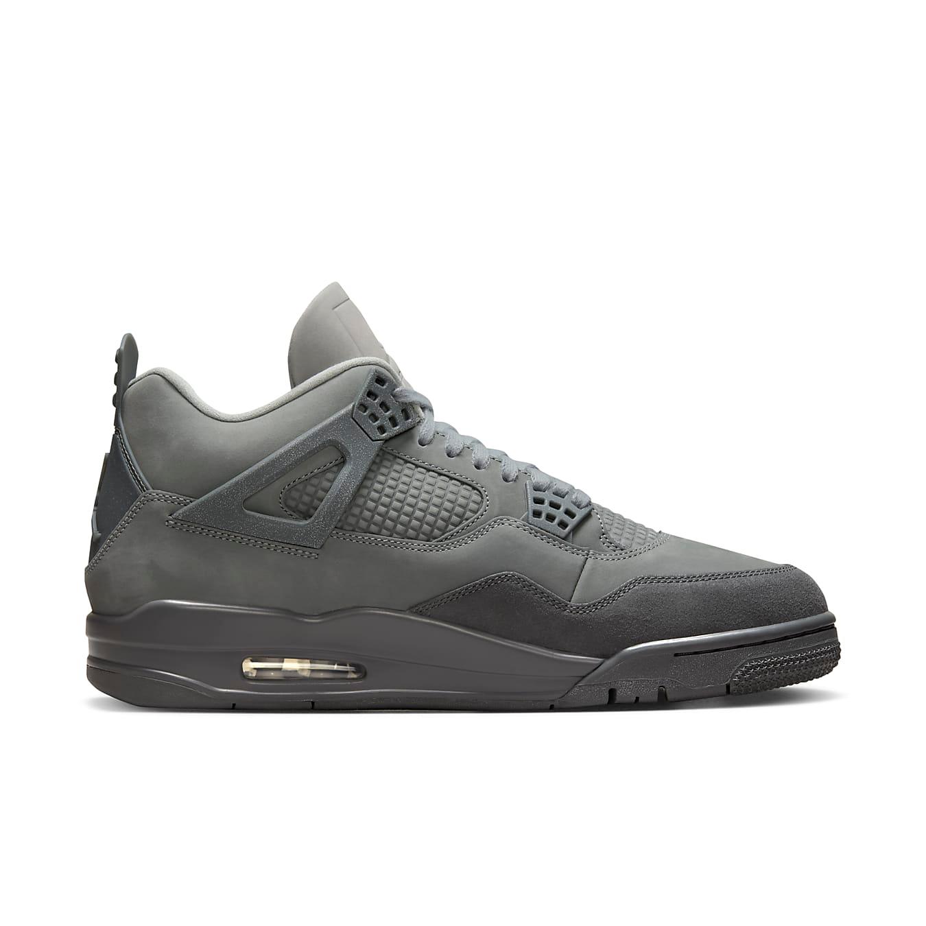 Air Jordan 4 Retro SE 'Wet Cement' in gray with nubuck and suede construction, featuring a classic silhouette.