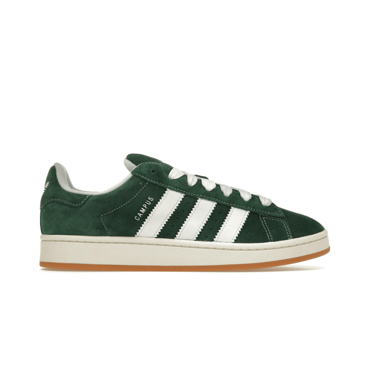adidas Campus 00s Dark Green sneaker with white stripes and gum sole, perfect for skateboarding style.