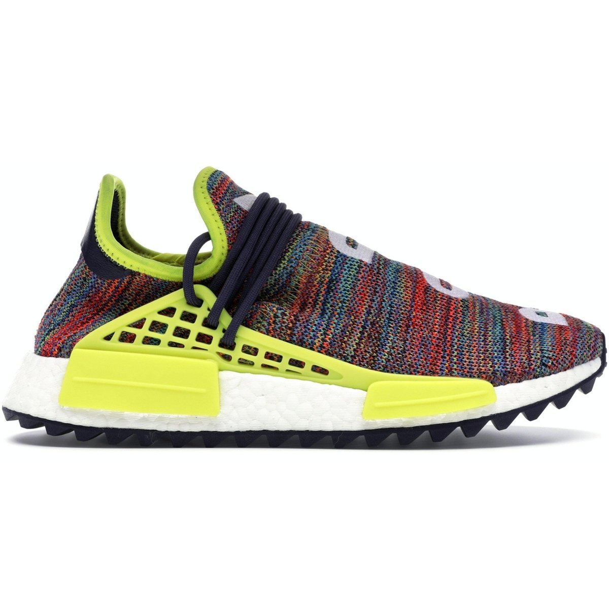 adidas Human Race NMD Pharrell Multi-Color shoes with vibrant Primeknit upper and bright yellow accents
