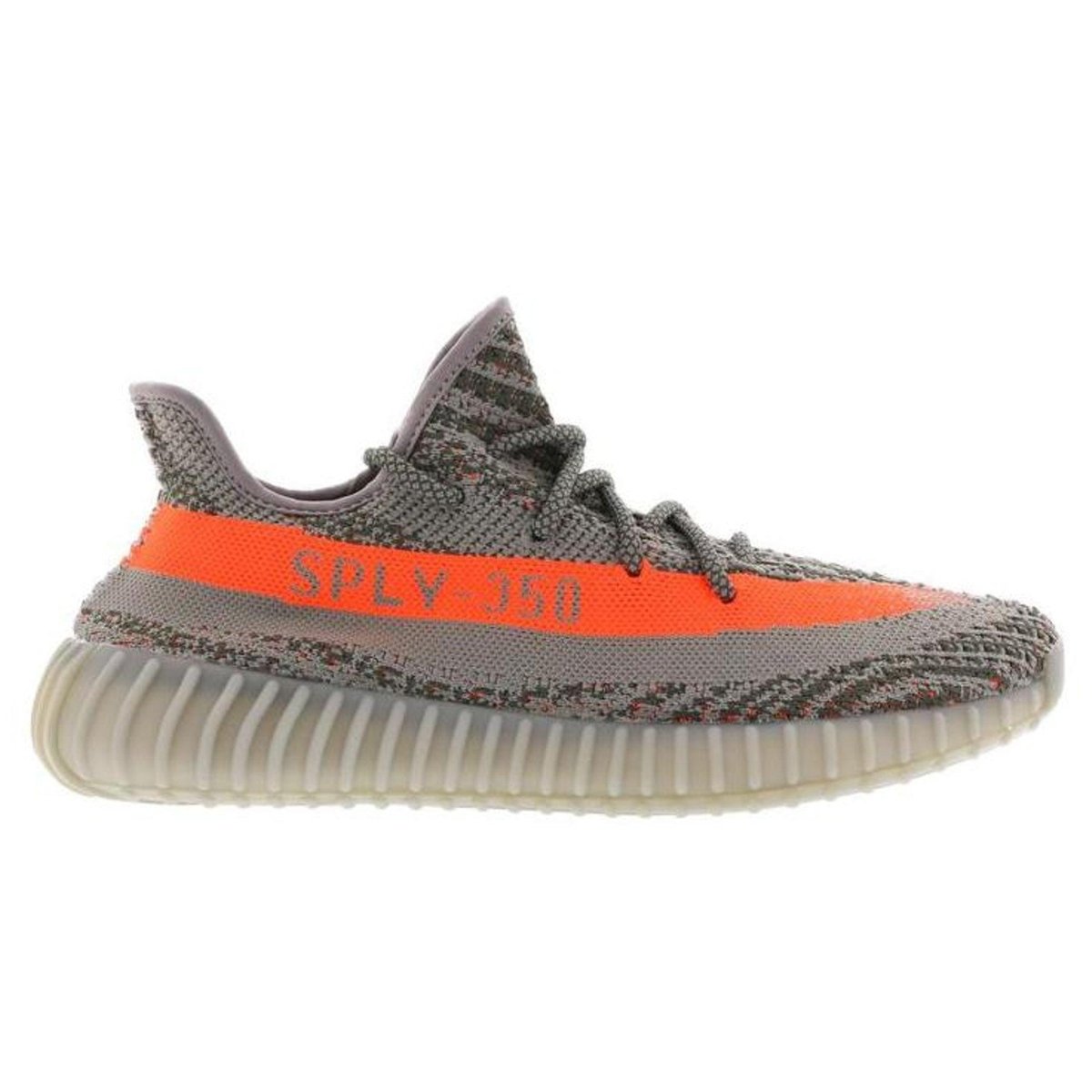 adidas Yeezy Boost 350 V2 Beluga sneaker with grey Primeknit upper and solar red SPLY-350 stripe.