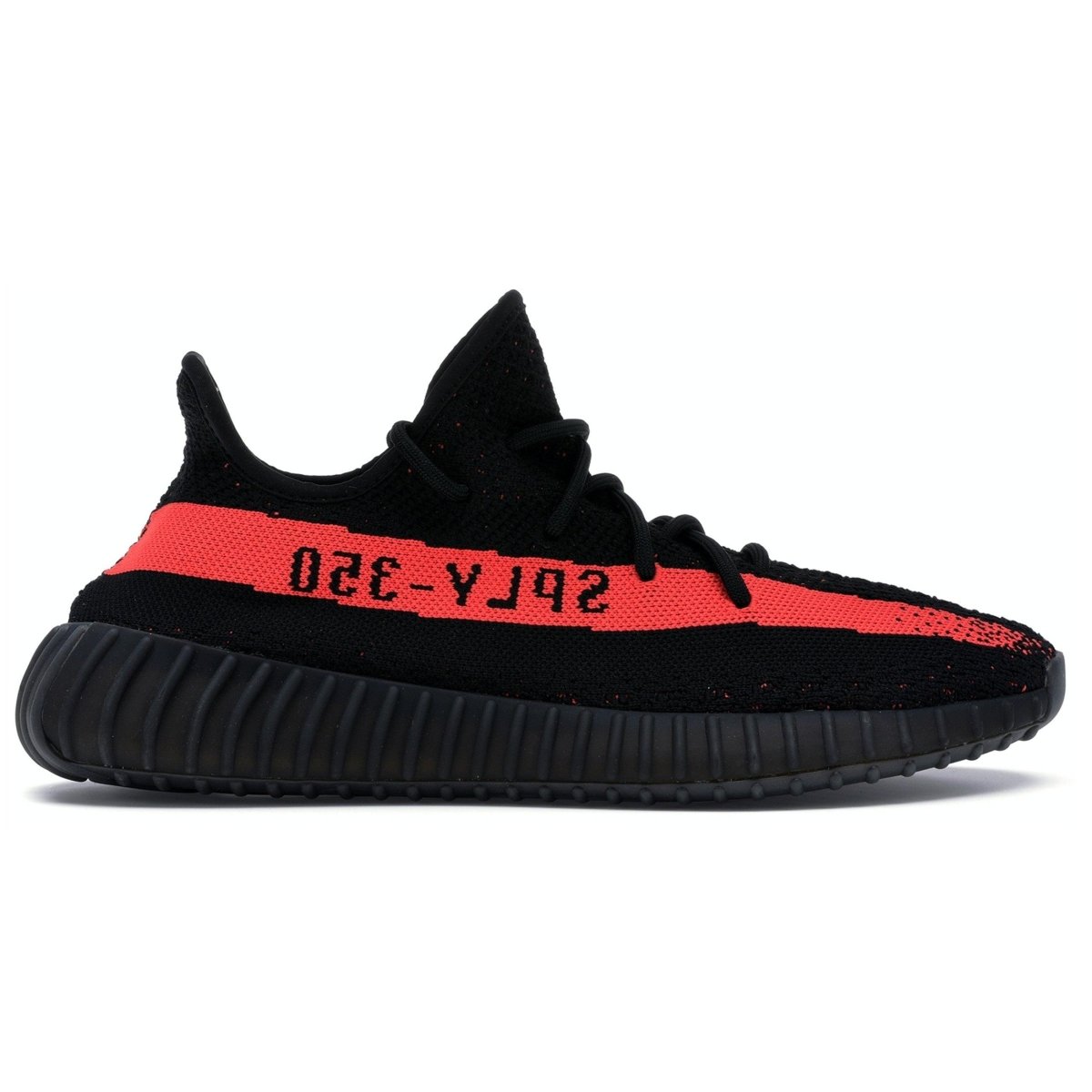 adidas Yeezy Boost 350 V2 Core Black Red sneaker featuring prominent SPLY 350 stripe and black Boost sole.