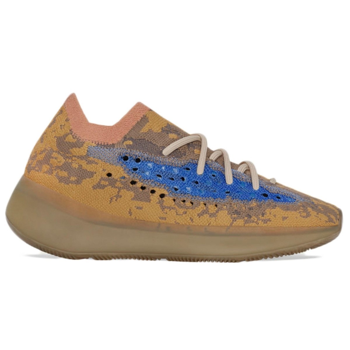 adidas Yeezy Boost 380 Blue Oat featuring a Primeknit upper in beige and orange with blue translucent detail.