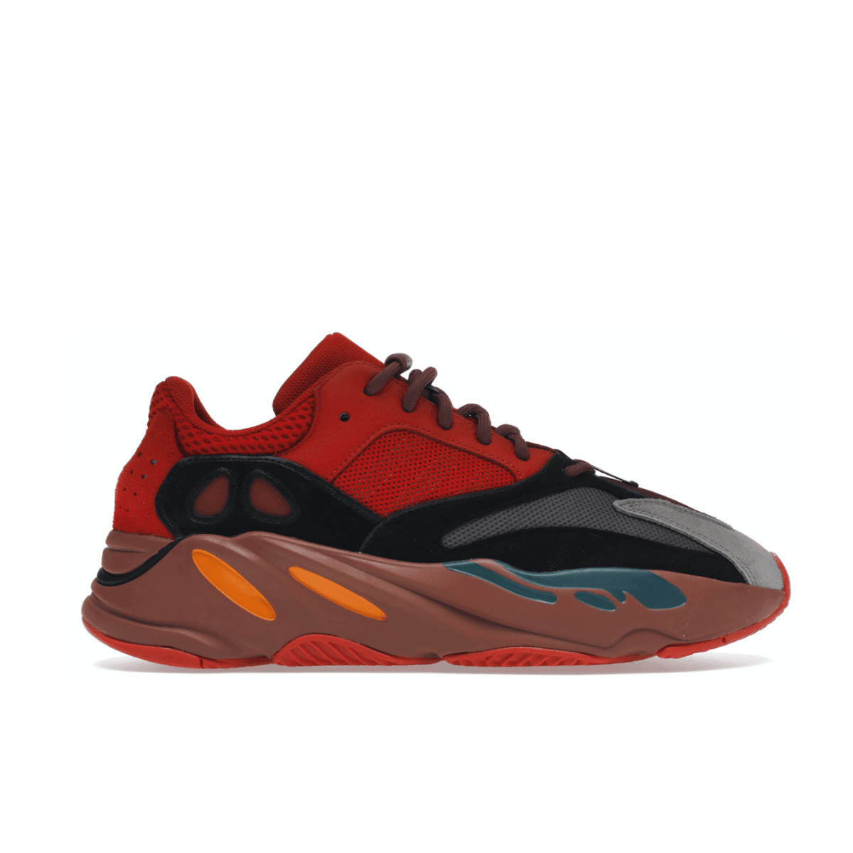 adidas Yeezy Boost 700 Hi-Res Red side view featuring bold colors and layered design elements.