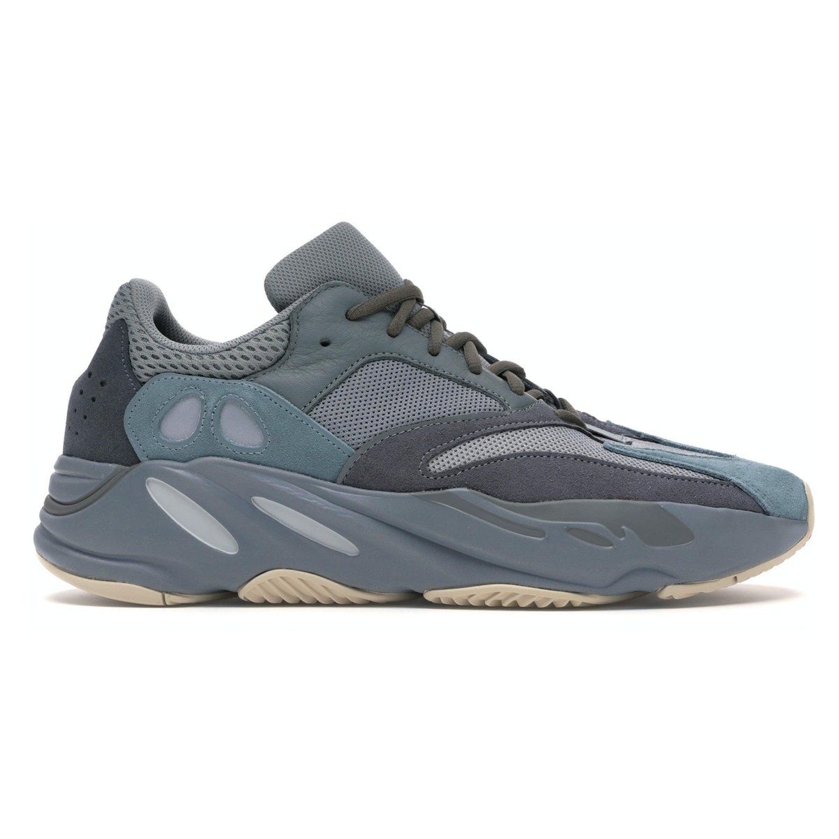 adidas Yeezy Boost 700 Teal Blue sneaker featuring green and dark blue suede with grey mesh and light accents.