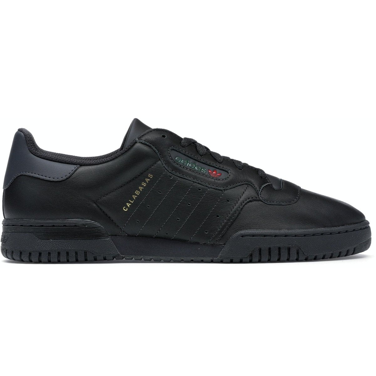 adidas Yeezy Powerphase Calabasas Core Black sneaker featuring gold 'Calabasas' print and red Trefoil emblem on leather.