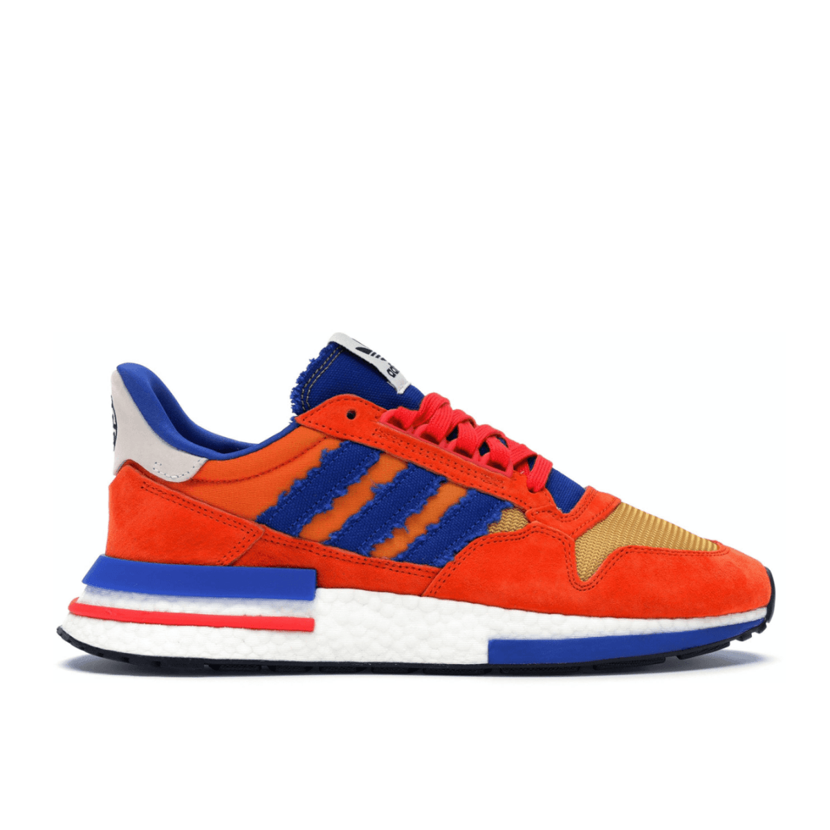 adidas ZX 500 Dragon Ball Z Son Goku sneakers in orange and blue, featuring suede upper and iconic design.