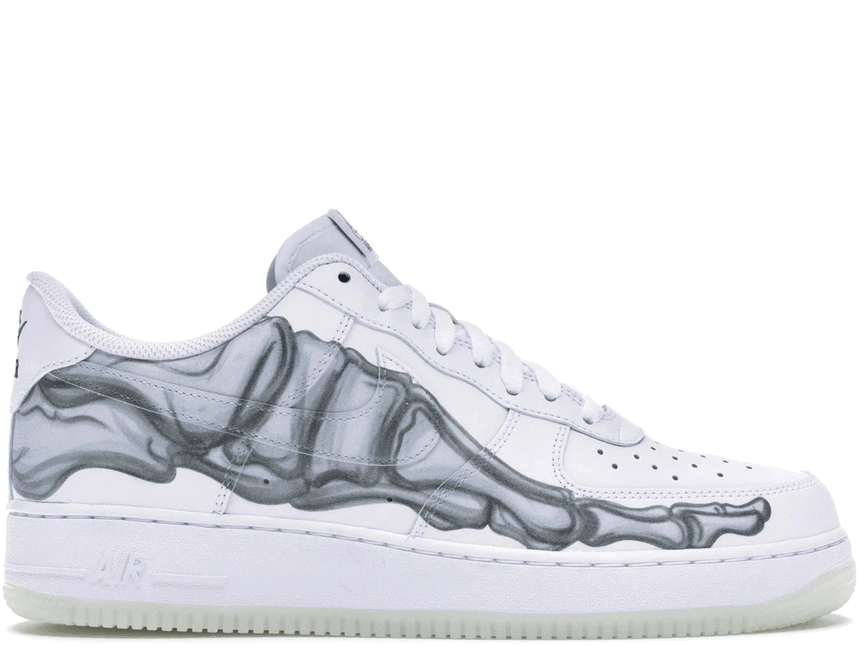 Air Force 1 Low Skeleton Halloween 2018 sneaker with bone design on side, featuring iconic Nike Air cushioning.