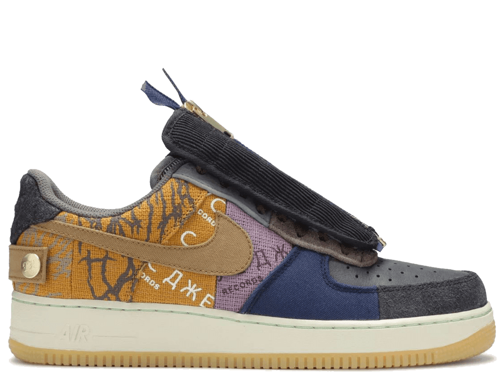 Air Force 1 Low Travis Scott Cactus Jack sneaker with unique patchwork design and suede materials.