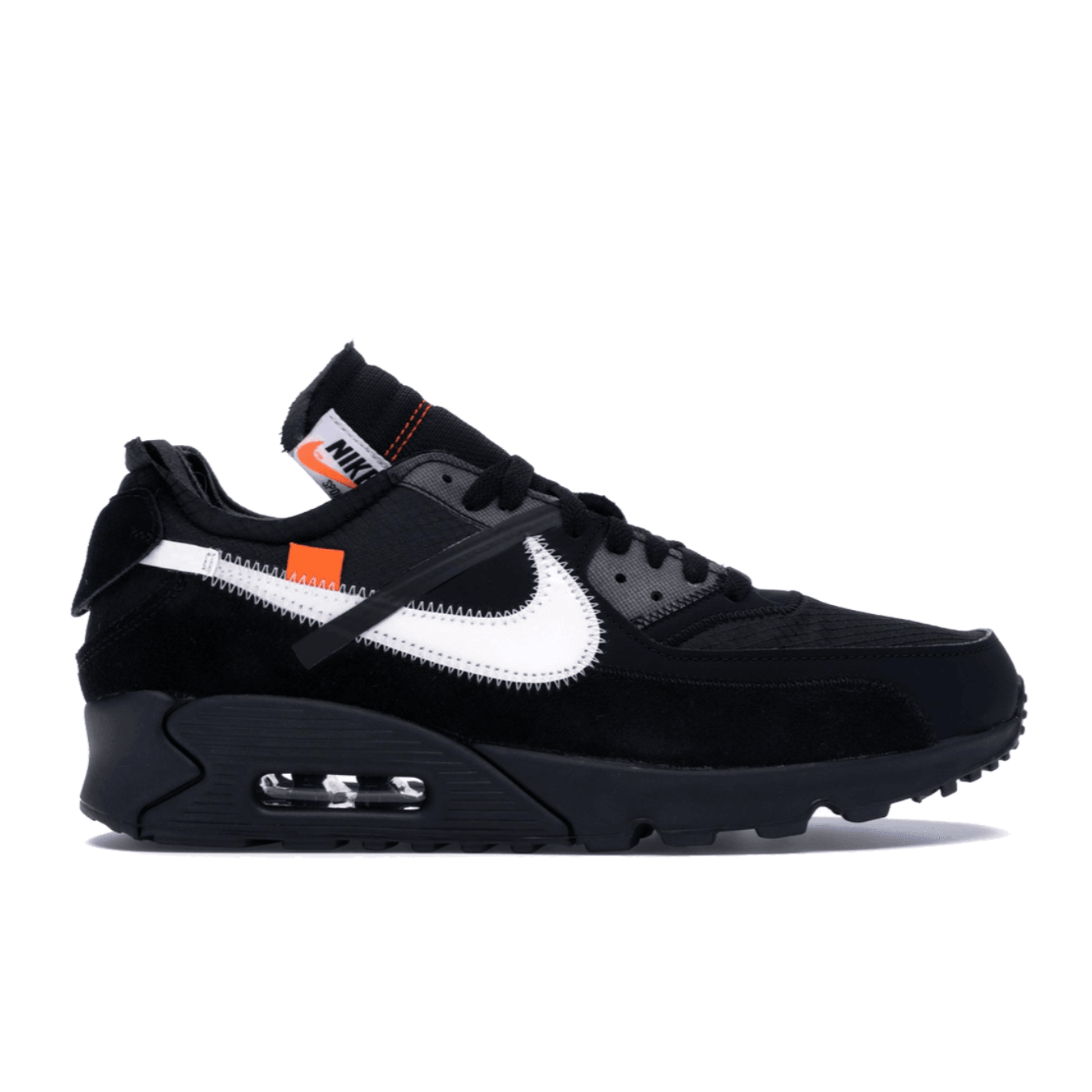 Off-White x Air Max 90 'Black' featuring black ripstop and nubuck, white Swoosh, and signature orange accents.