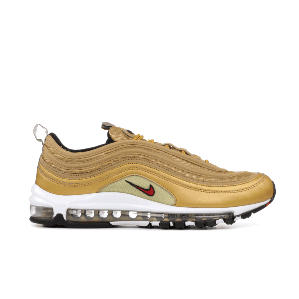 Nike Air Max 97 Metallic Gold sneaker profile view with beige accents and visible air unit.