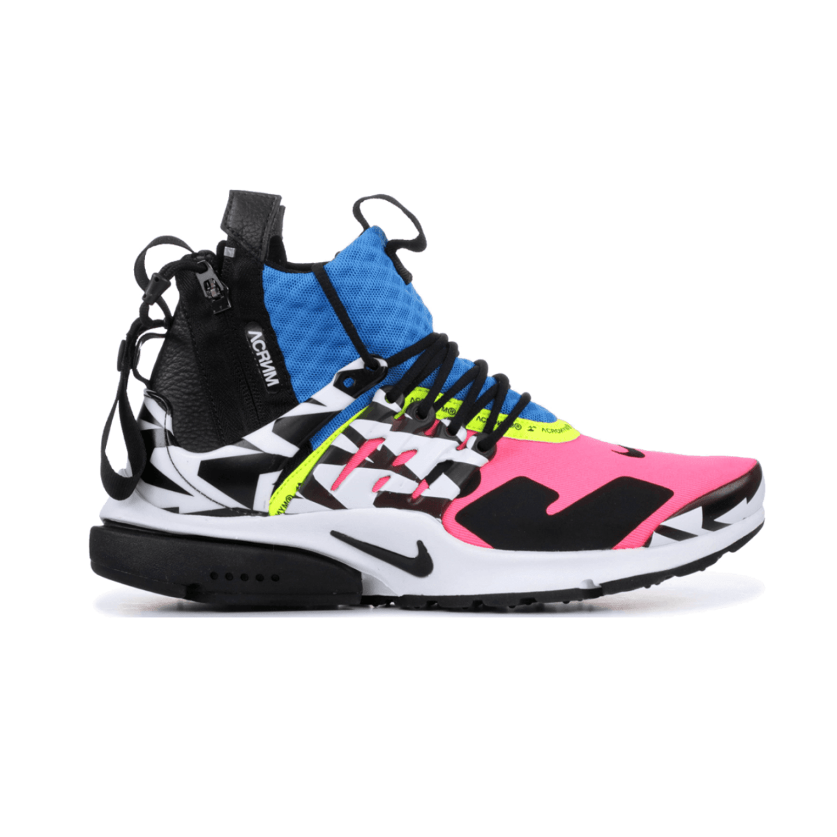 Acronym x Nike Air Presto Mid in Racer Pink with blue and yellow accents, featuring a unique patterned design.