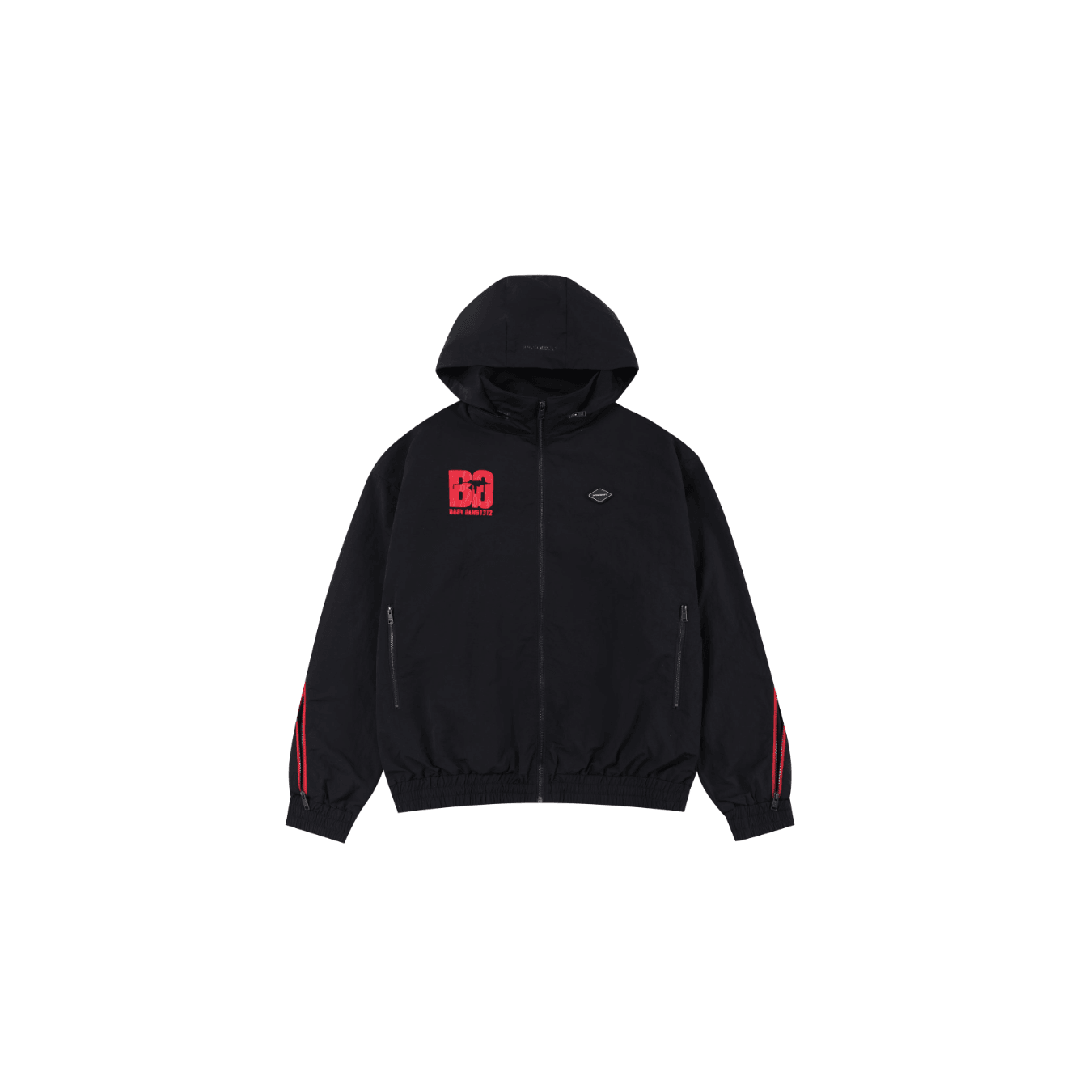 Black and red NPT Baby Gang zip track top jacket with hood and logo, stylish sportswear for trendy kids.