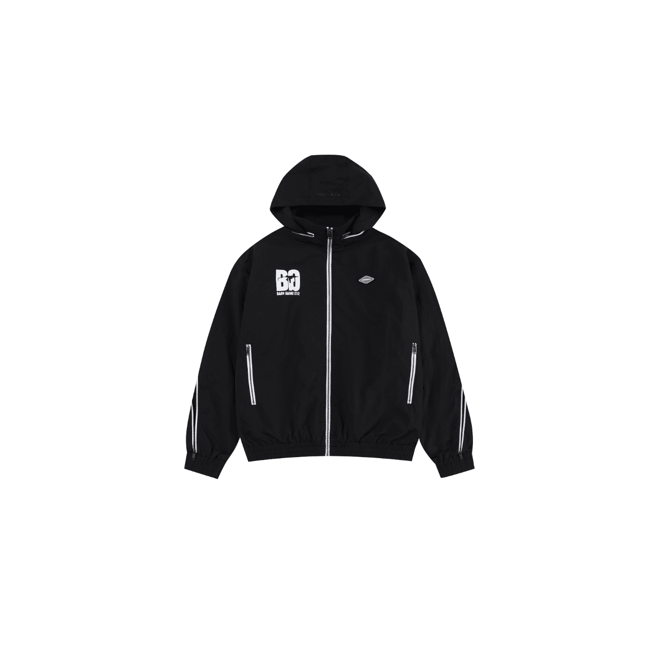 Black and white NPT Baby Gang zip track top jacket featuring a hood and stylish design.