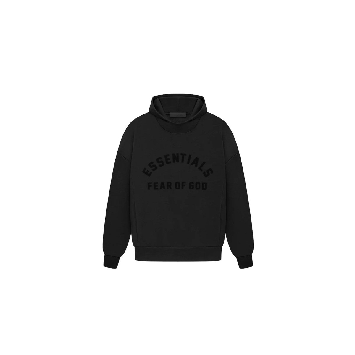 Fear of God Essentials Arch Logo Hoodie in Jet Black, featuring an oversized fit and logo print.