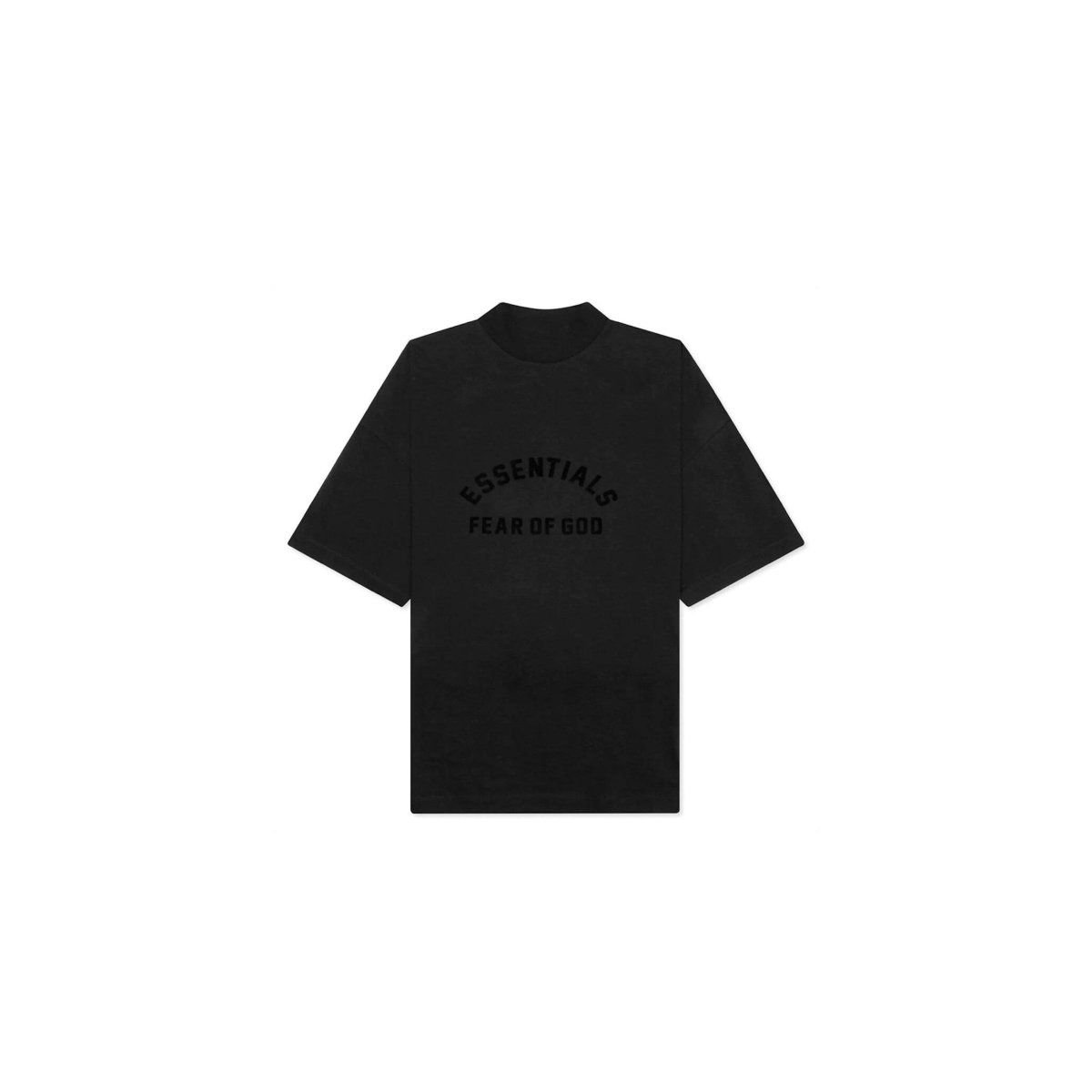 Fear of God Essentials Arch Logo Mock Neck T-shirt in Jet Black, oversized fit, recommended size down.