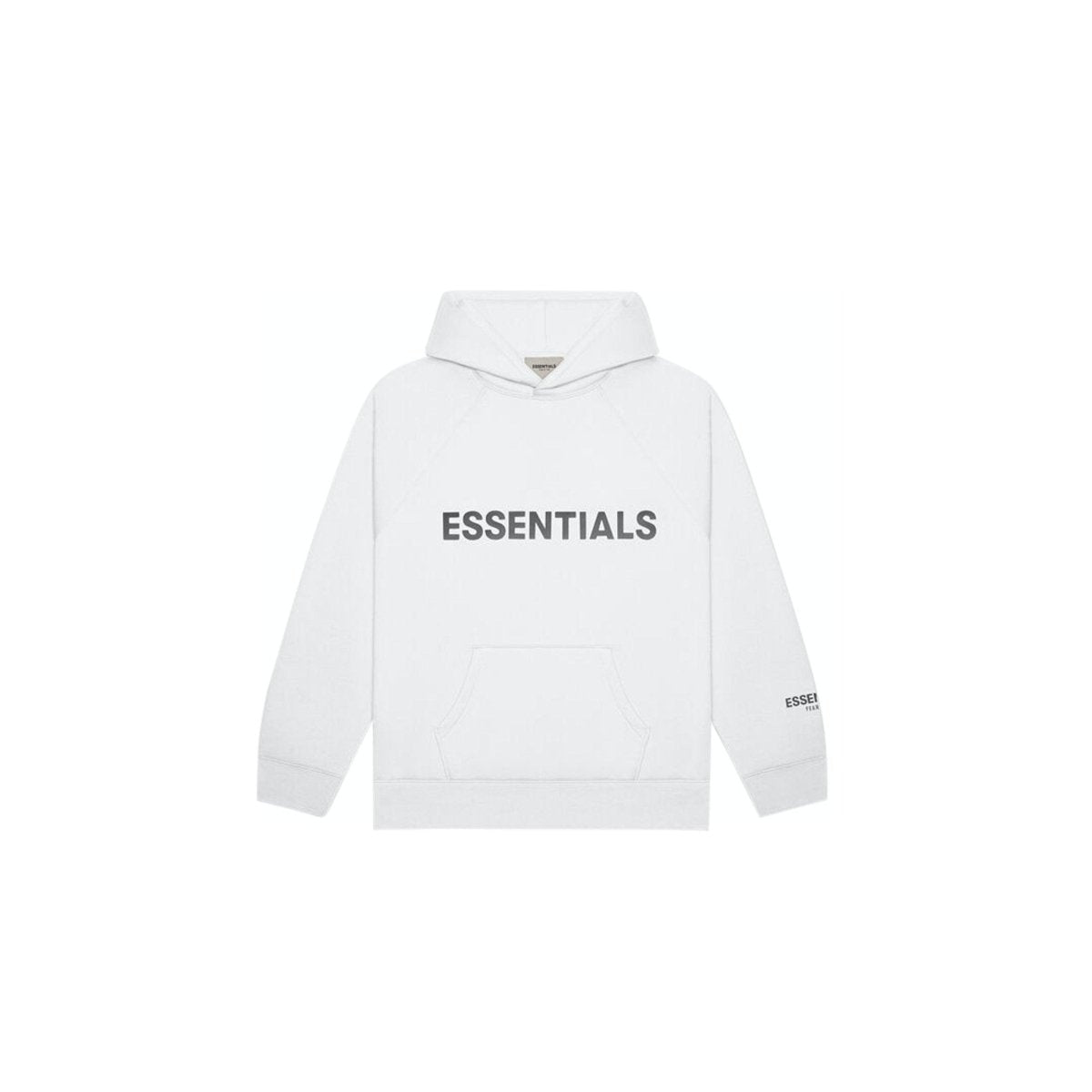 Fear of God Essentials White Pullover Hoodie with printed logo, showcasing minimalistic design and soft cotton blend.