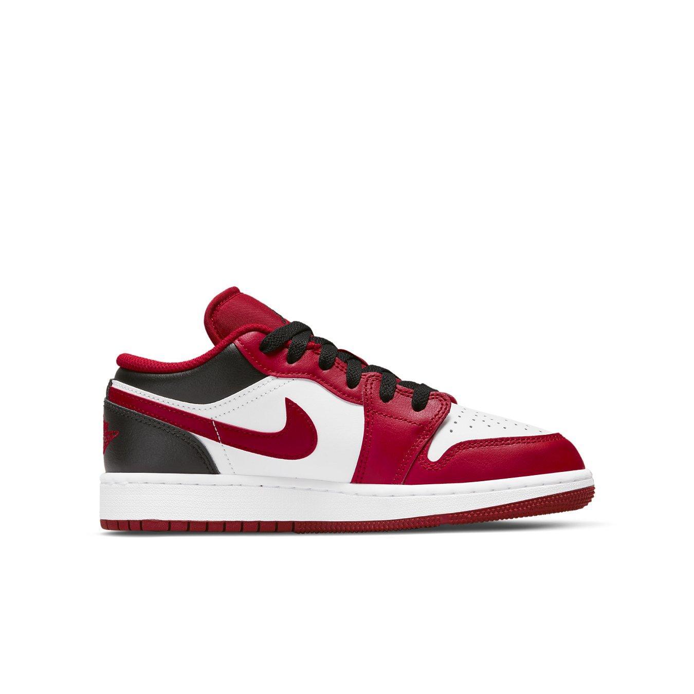 Air Jordan 1 Low Bulls GS features white leather, red overlays, black accents, and iconic design.