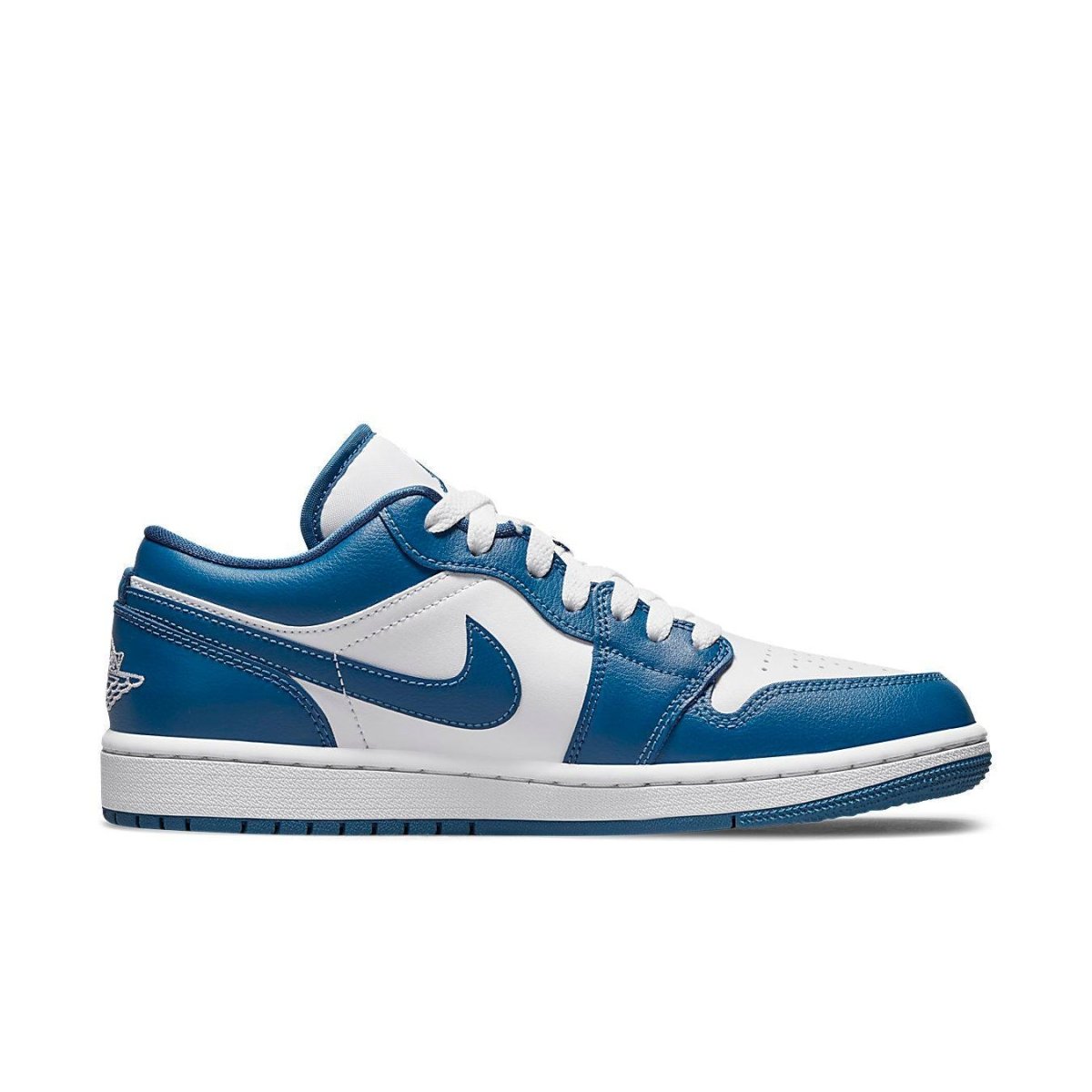 Air Jordan 1 Low Marina Blue women’s sneakers featuring a classic white and blue color scheme.