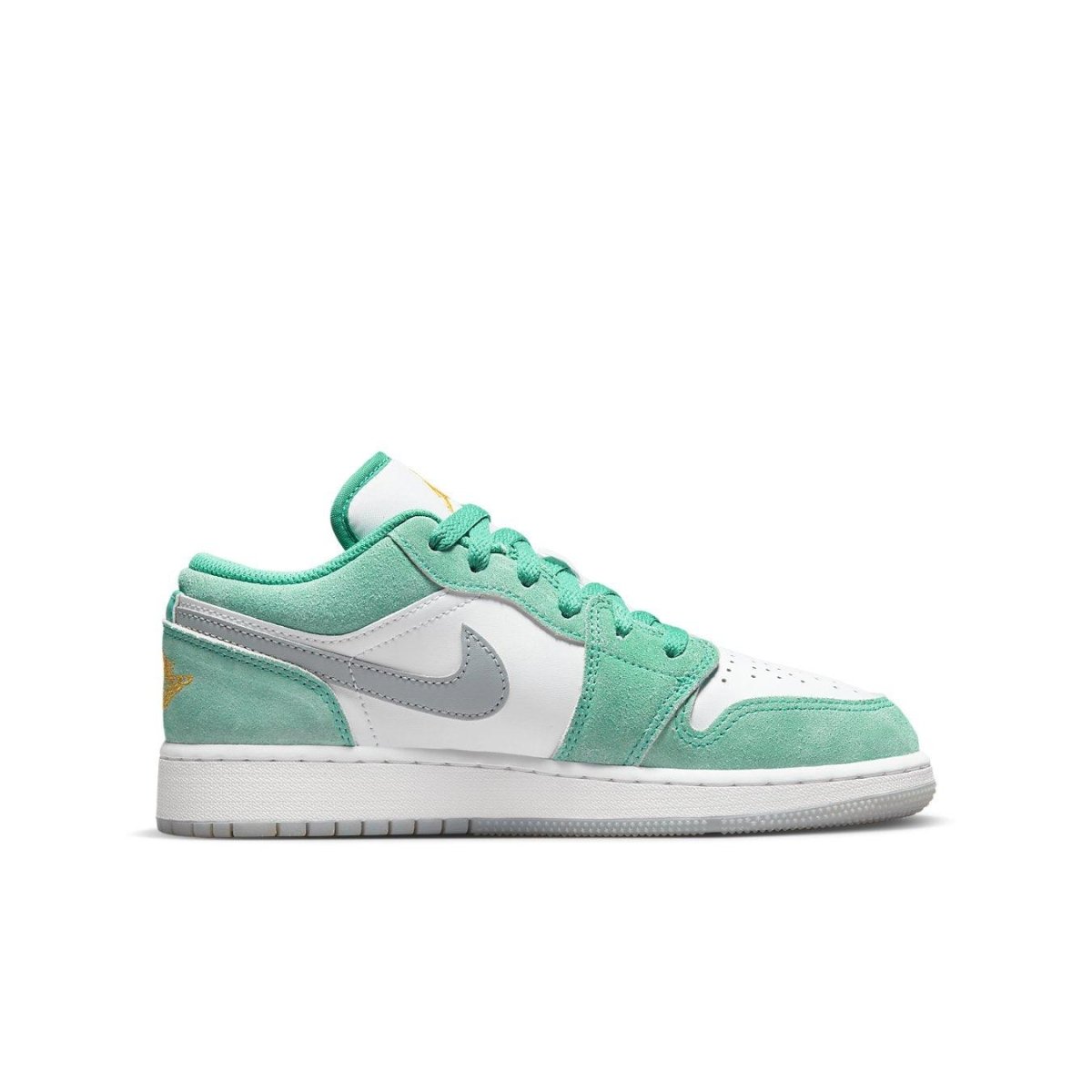 Jordan 1 Low SE GS New Emerald sneaker featuring white leather and aqua green suede with a grey Swoosh.