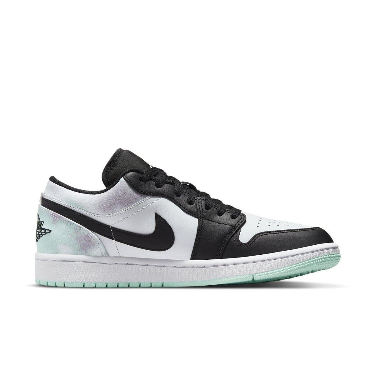 Jordan 1 Low Tie-Dye sneaker in black, white, and pastel tie-dye design with mint accents.