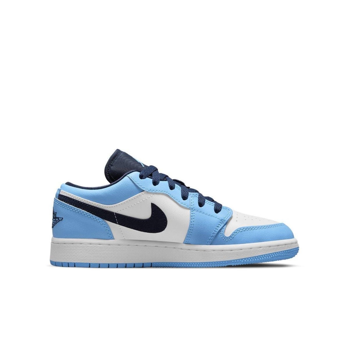 Jordan 1 Low UNC GS sneakers in blue and white colorway, featuring sleek design and classic logo detail.