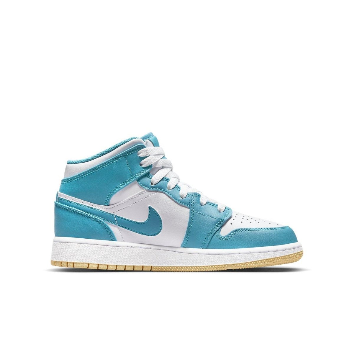 Jordan 1 Mid Aquatone (GS) sneaker in aqua and white, featuring premium materials and soft cushioning.