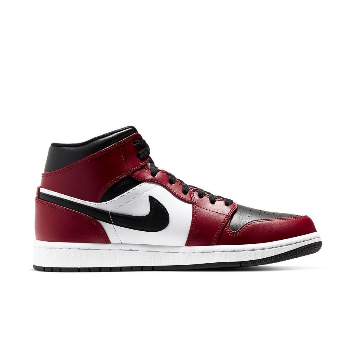 Air Jordan 1 Mid Chicago Toe sneaker with black, red, and white color blocking, featuring iconic Jumpman logo.