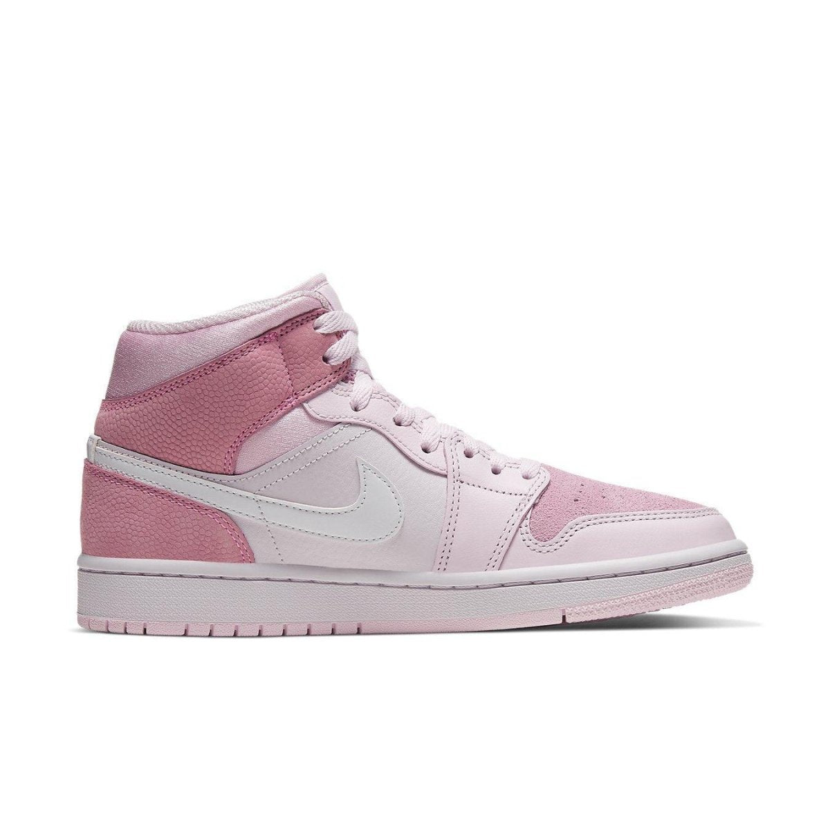 Air Jordan 1 Mid Digital Pink women's sneaker featuring suede and leather multi-textured design in soft pink tones.