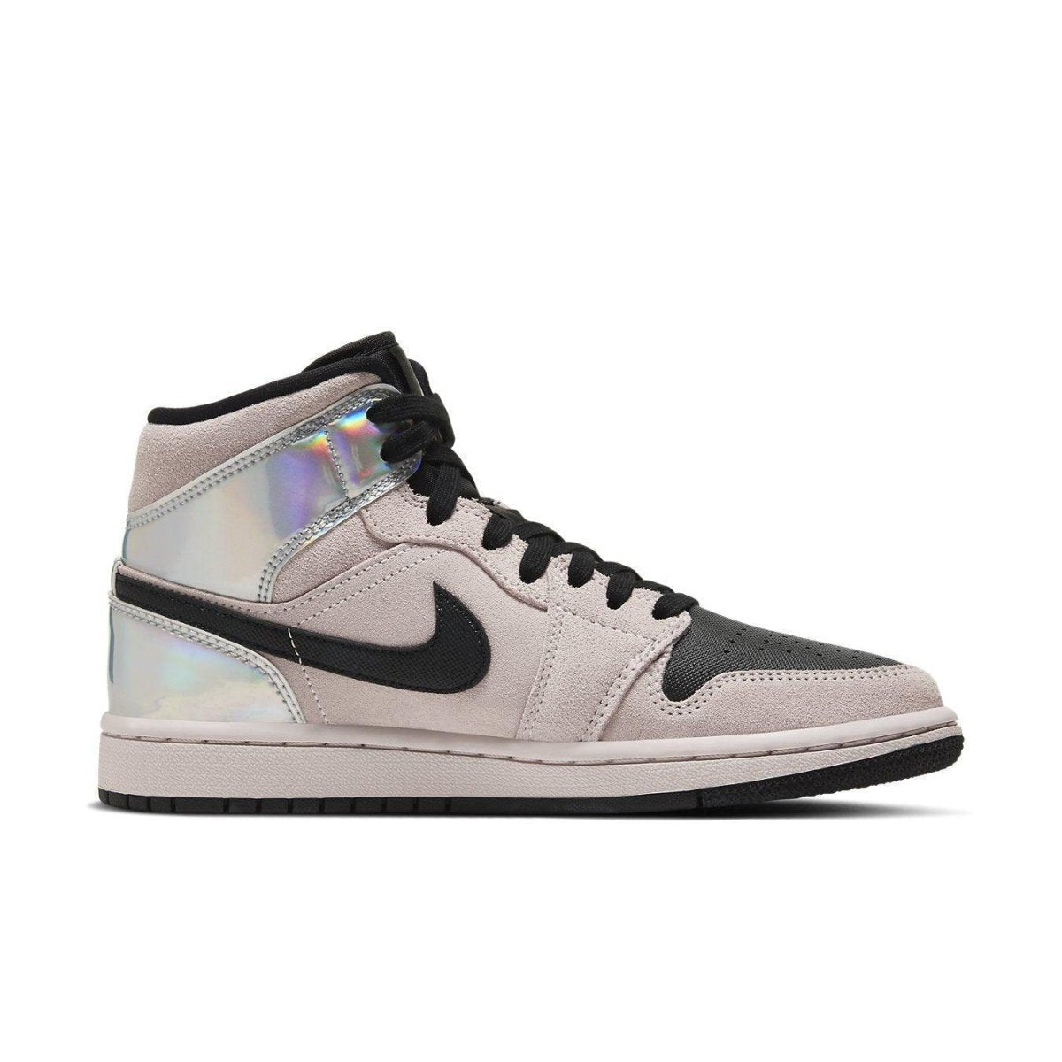 Nike Air Jordan 1 Mid Dirty Powder Iridescent women's sneakers in pink and black suede.