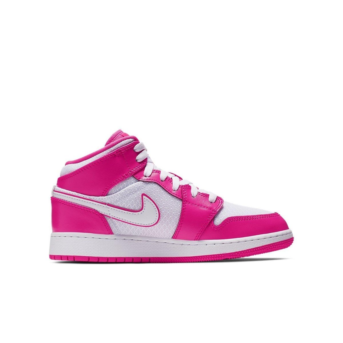 Jordan 1 Mid Hyper Pink White (GS) sneaker with vibrant Hyper Pink and white leather upper.