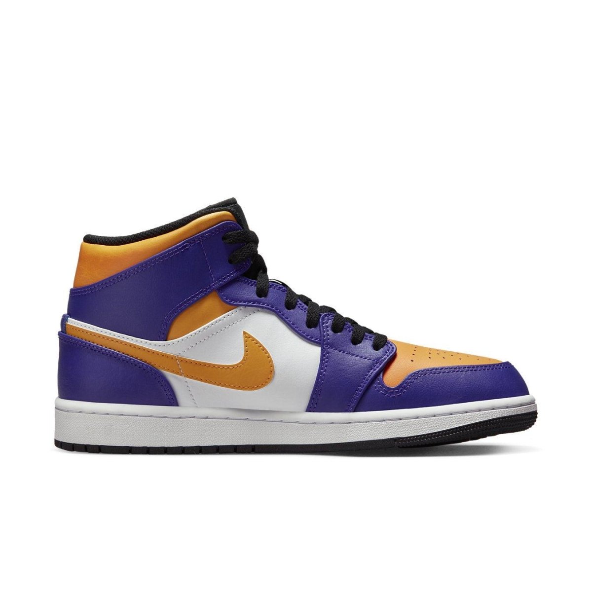 Air Jordan 1 Mid Lakers 2022 sneakers in purple, yellow, and white with a premium leather finish.