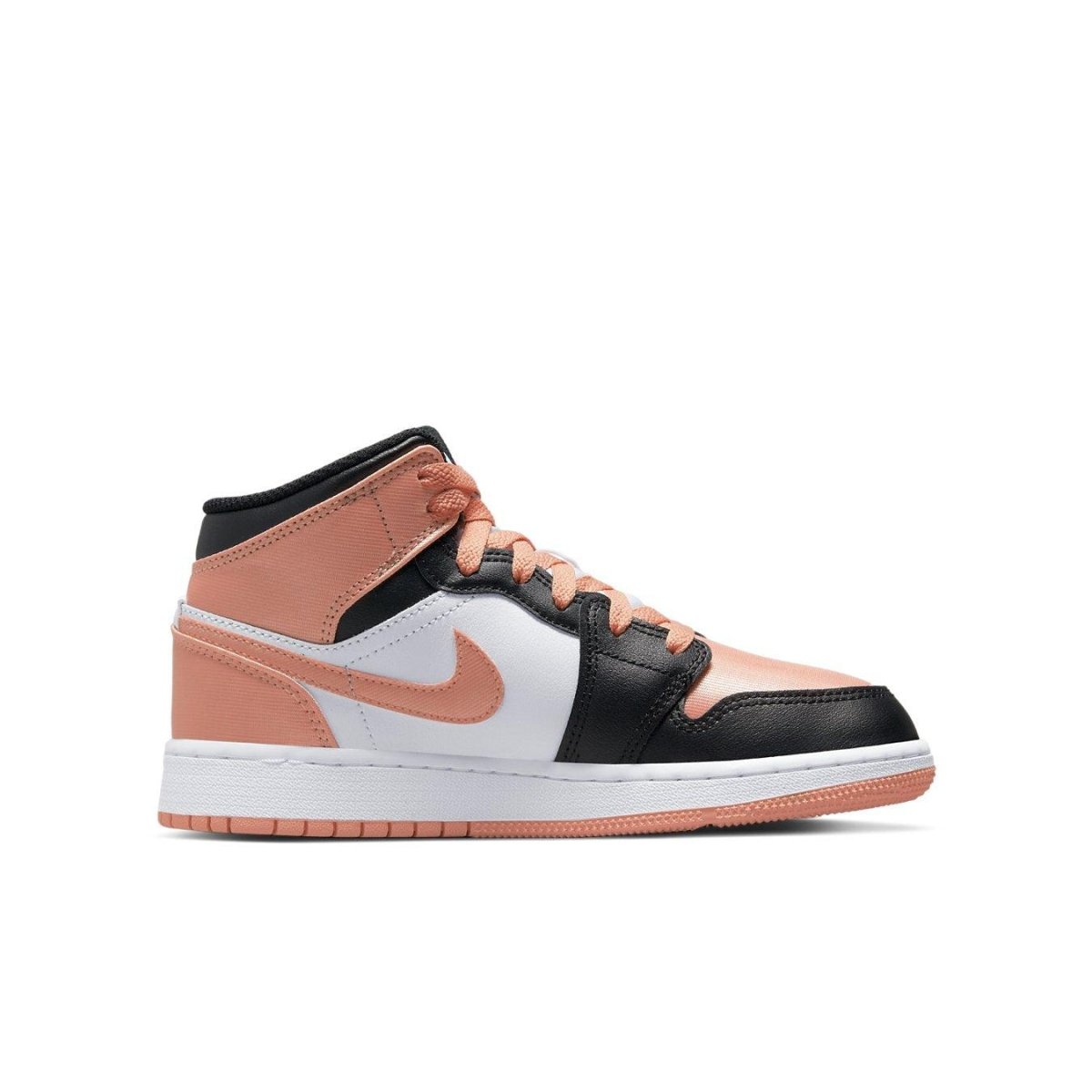 Jordan 1 Mid Light Madder Root GS sneakers featuring black, white, and coral leather design for kids.