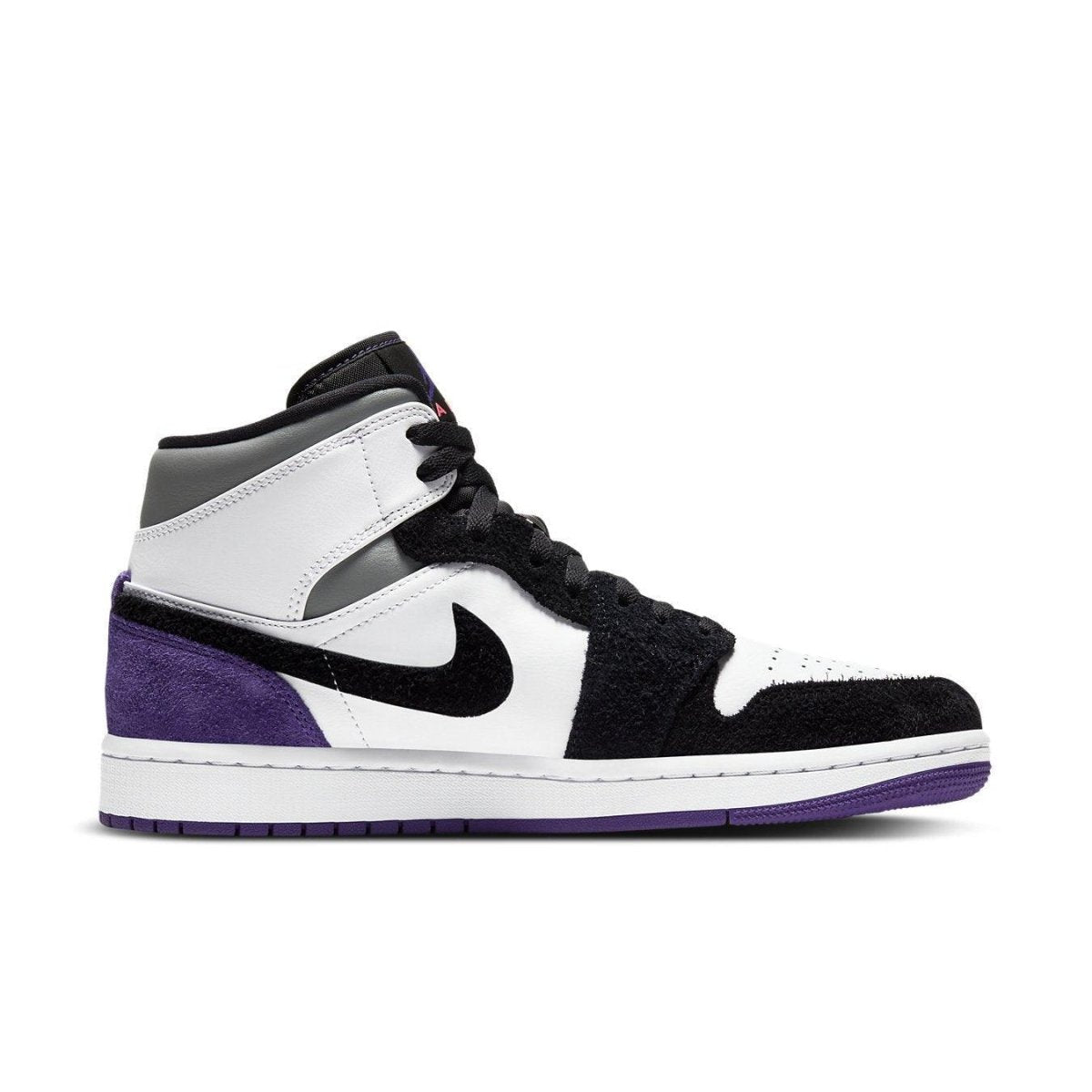 Jordan 1 Mid SE Purple sneaker featuring leather, suede, and mesh materials with classic logo details.