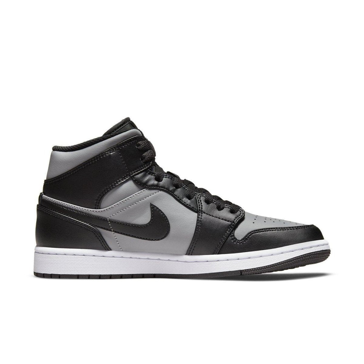 Nike Air Jordan 1 Mid Shadow Red sneakers in black and grey with white outsole and Swoosh design.