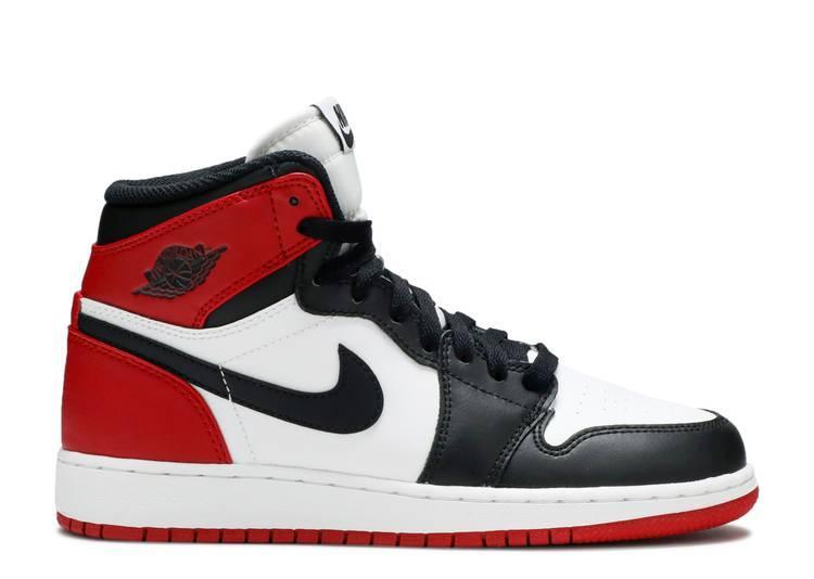 Air Jordan 1 Retro Black Toe sneakers in black, white, and varsity red colorway, side view.