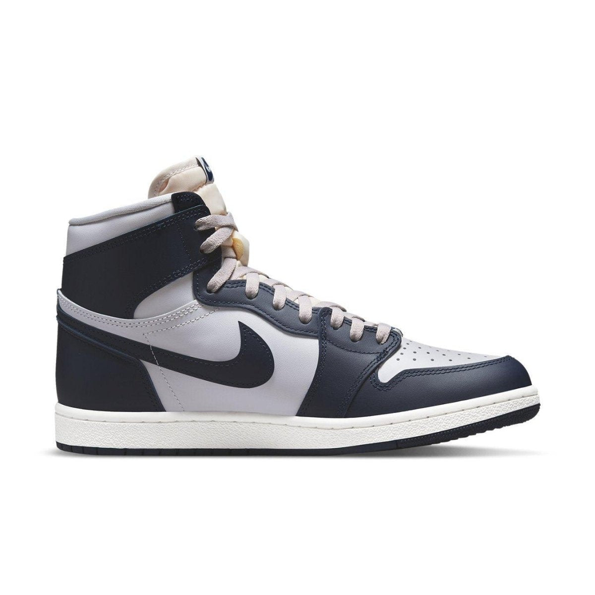 Air Jordan 1 Retro High 85 Georgetown featuring gray and College Navy colorway with leather upper design.