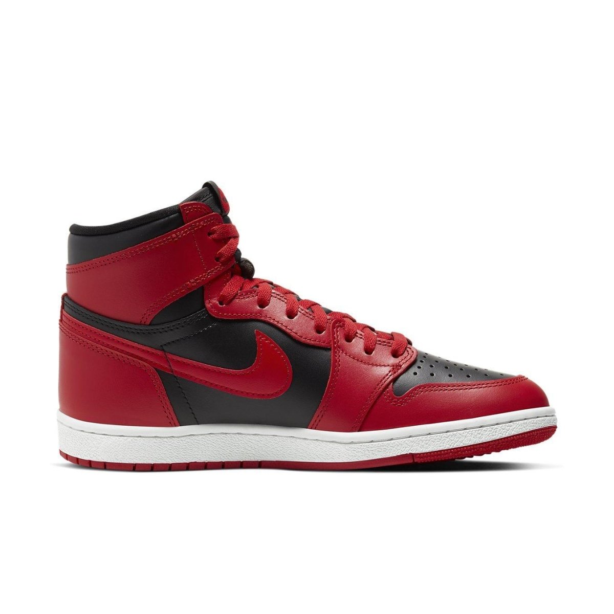 Nike Air Jordan 1 Retro High 85 Varsity Red sneaker featuring black and University Red leather design.