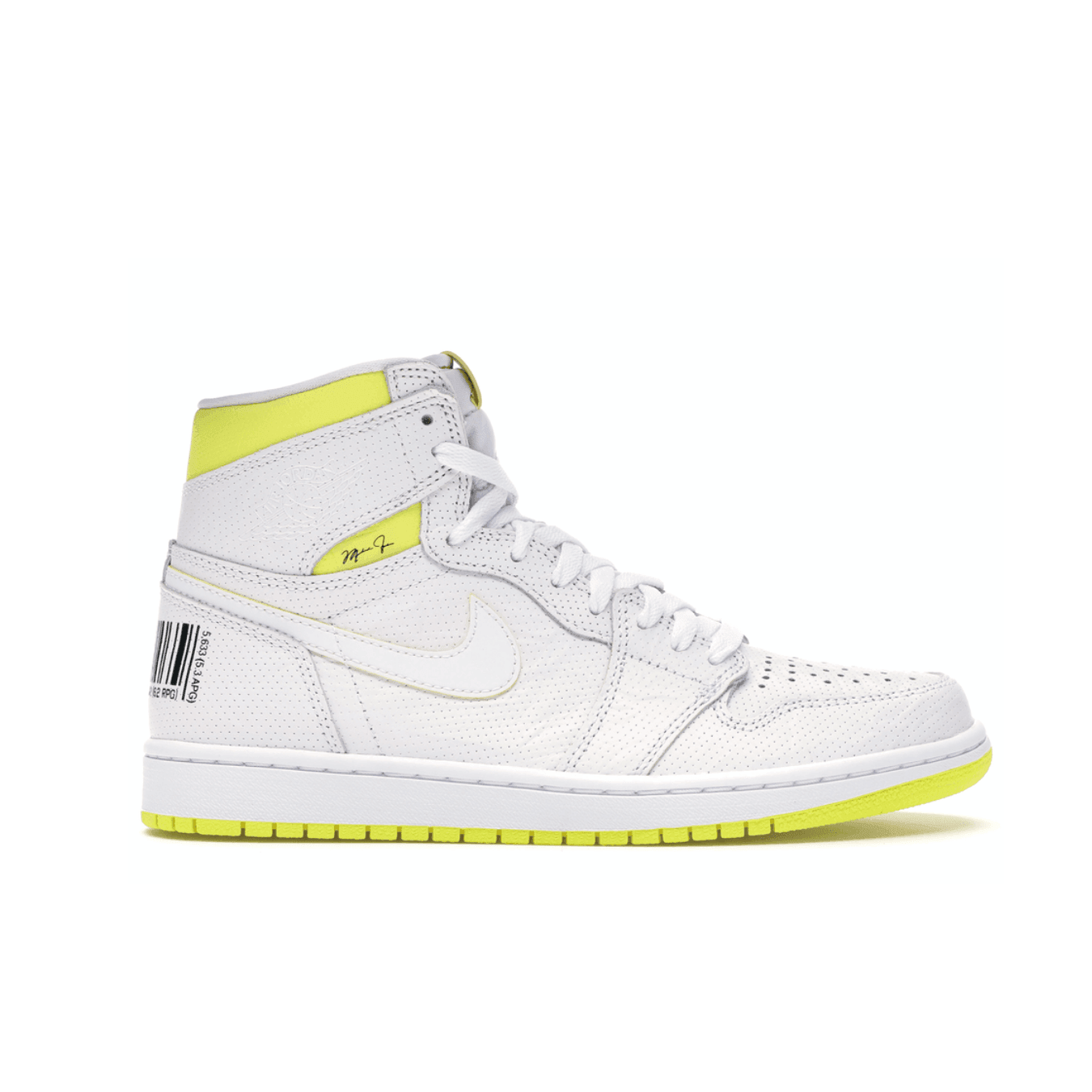Jordan 1 Retro High First Class Flight sneaker in white and yellow with black barcode and perforated leather design.