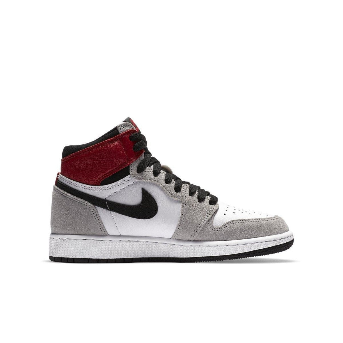 Air Jordan 1 Retro High Light Smoke Grey sneaker featuring black Swoosh and red ankle collar.