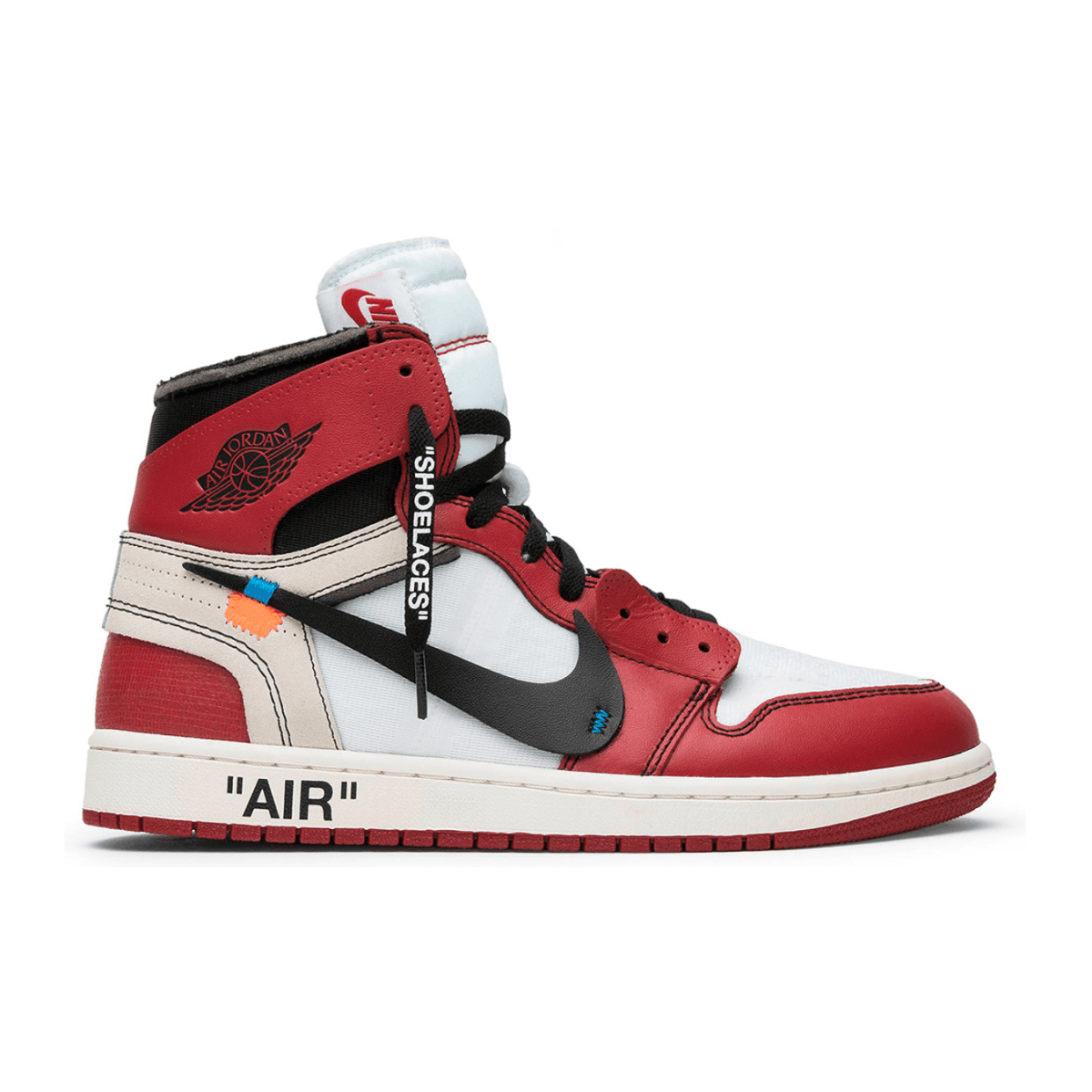 Jordan 1 Retro High Off-White Chicago sneaker featuring distinctive red, black, and white design elements.