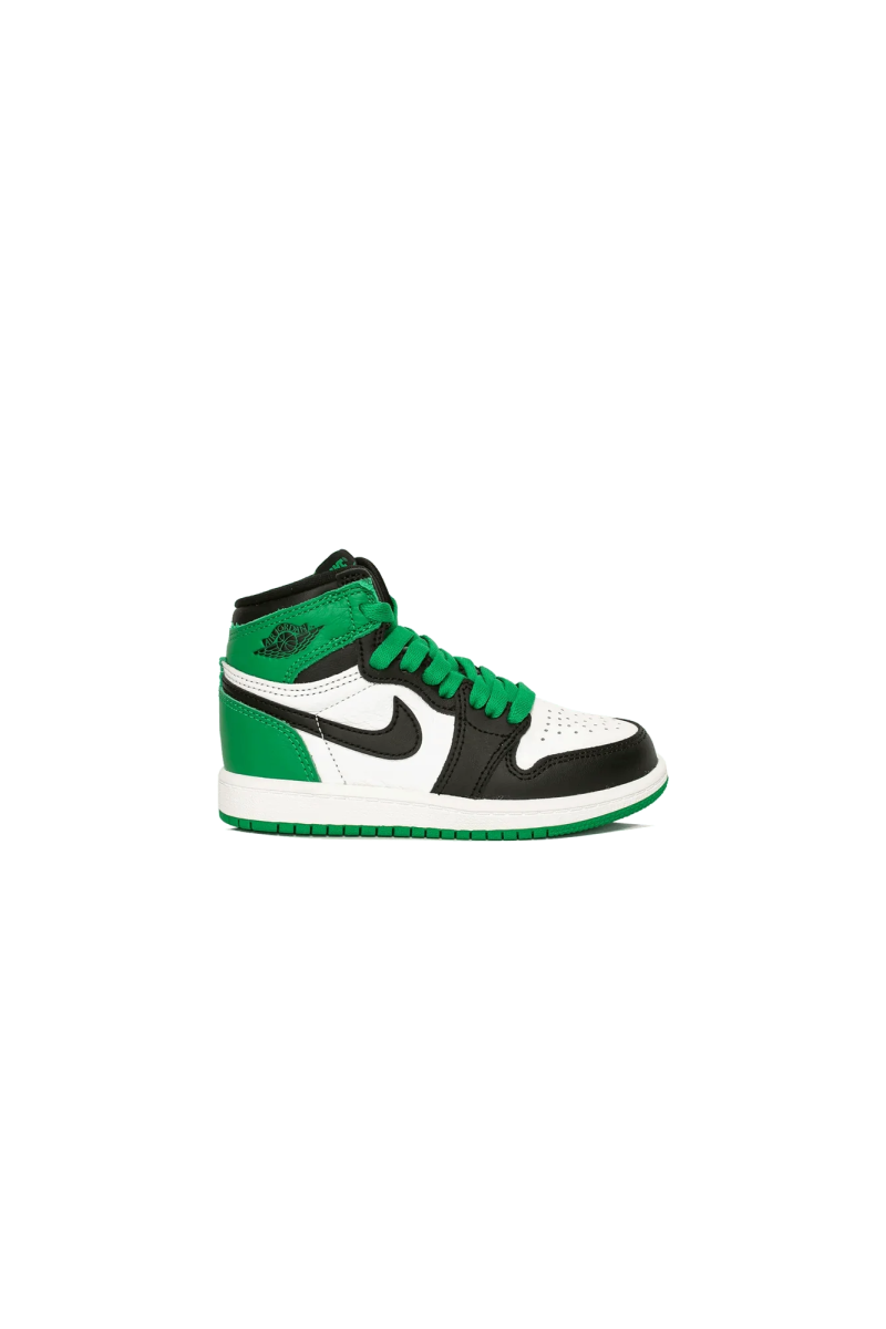 Jordan 1 Retro High OG Lucky Green (PS) sneakers featuring green, black, and white colorway with iconic design.