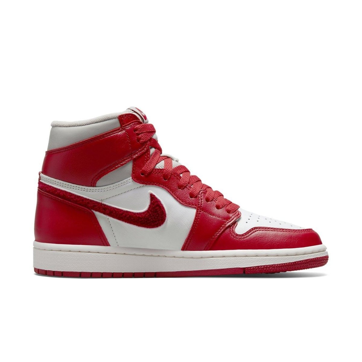 Nike Air Jordan 1 Retro High OG Varsity Red women's sneaker with premium leather upper and chenille Swoosh accent.