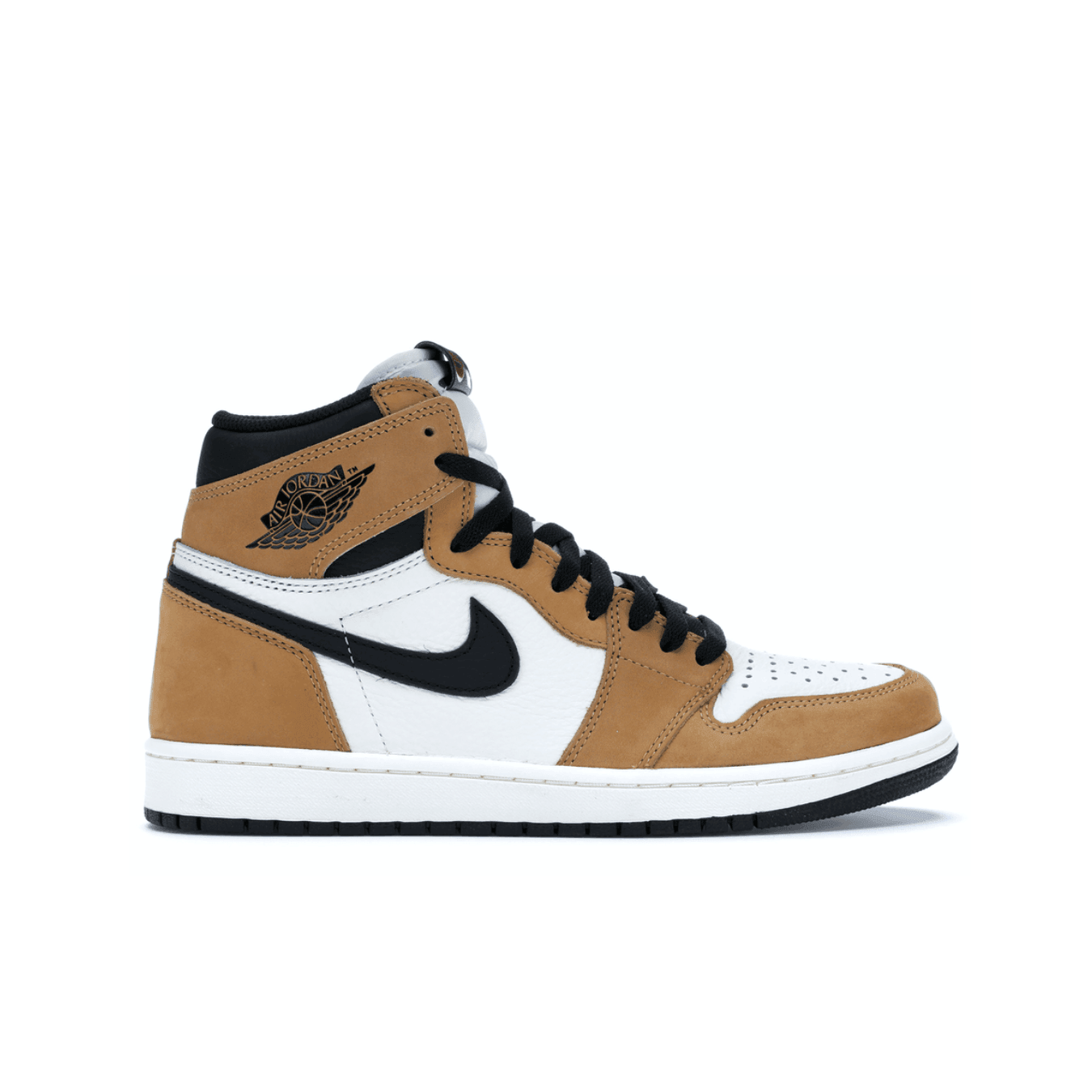 Air Jordan 1 Retro High Rookie of the Year sneaker featuring a white and brown leather upper with black accents.