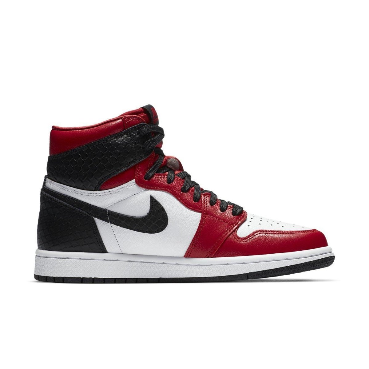 Jordan 1 Retro High Satin Snake Chicago (W) in red, black, and white with satin snake texture.