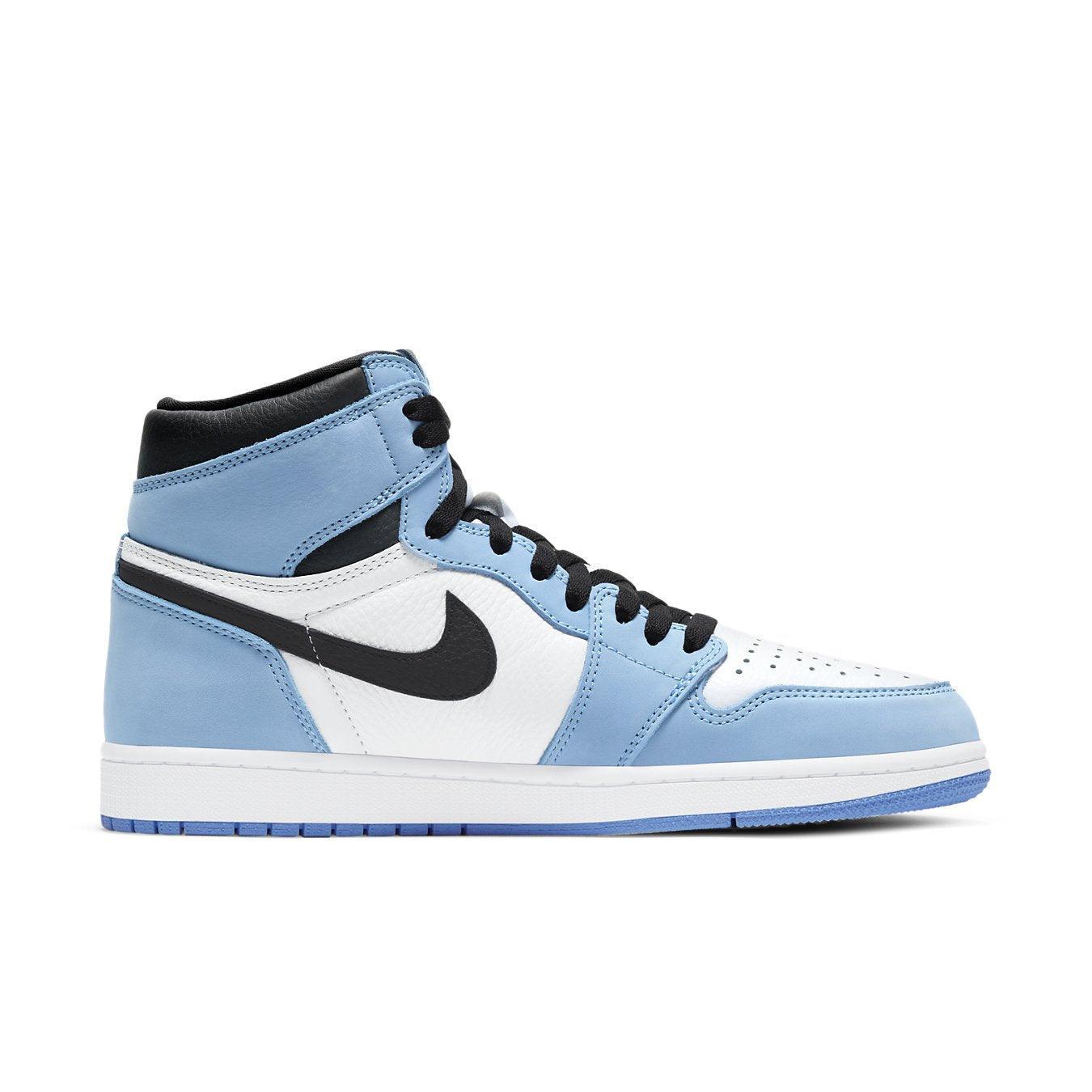 Air Jordan 1 Retro High in white, university blue, and black, showcasing a stylish high-top design.